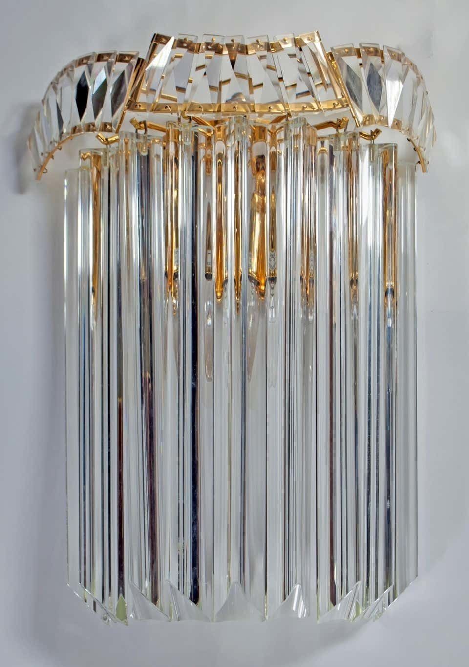 Pair Of Venini Midcentury Brass And Murano Glass "Triedri" Sconces, 1970s photo for sale