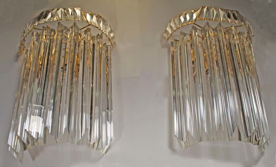 Pair Of Venini Midcentury Brass And Murano Glass "Triedri" Sconces, 1970s photo vintage