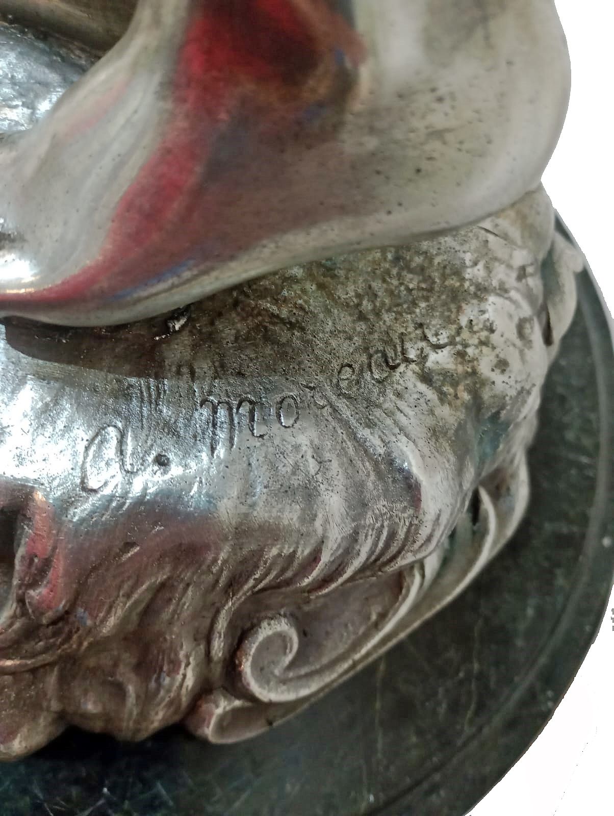 Late 19th Century Belle époque Metal Sculpture Of A Young Boy Lifting A Faced Amphora By Auguste Moreau, France photo vintage
