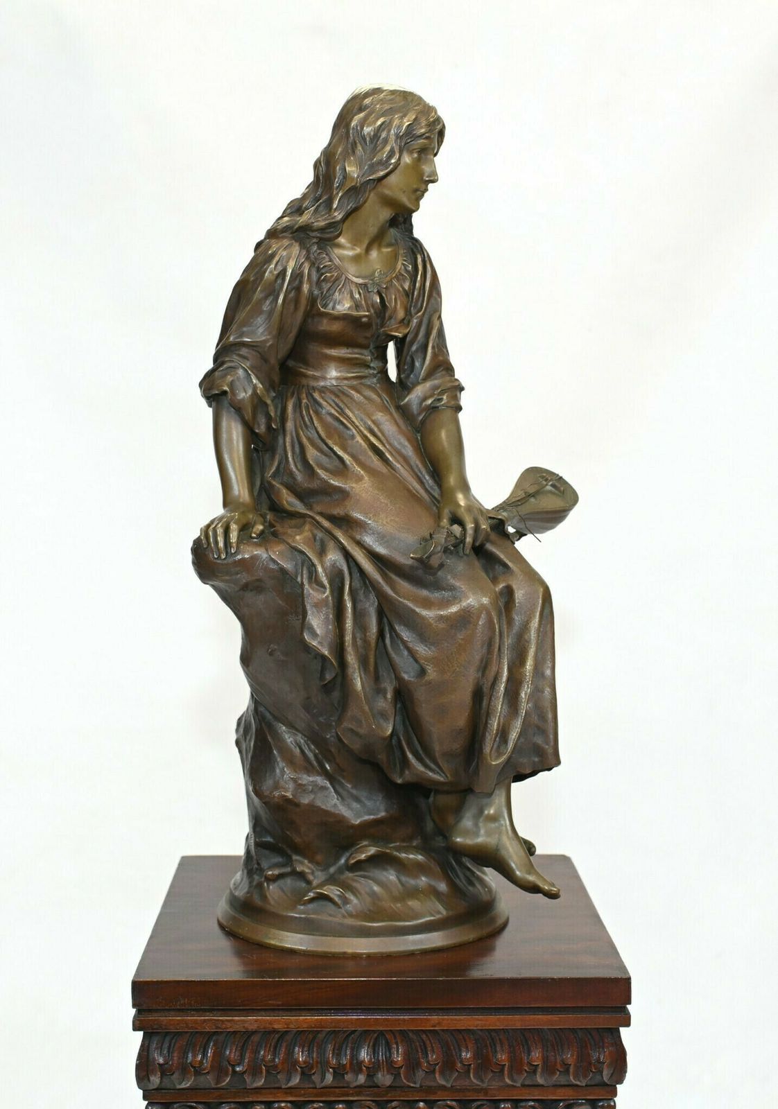 photo for sale French Bronze Mandolin Player By Paul Mengin Art Nouveau Maiden Figurine 1890