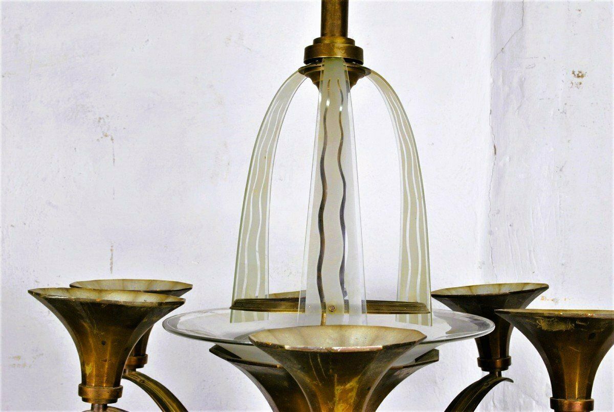 Bronze And Glass Chandelier, Art Deco, 20th Century photo for sale