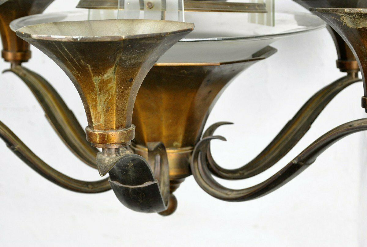 Bronze And Glass Chandelier, Art Deco, 20th Century photo vintage