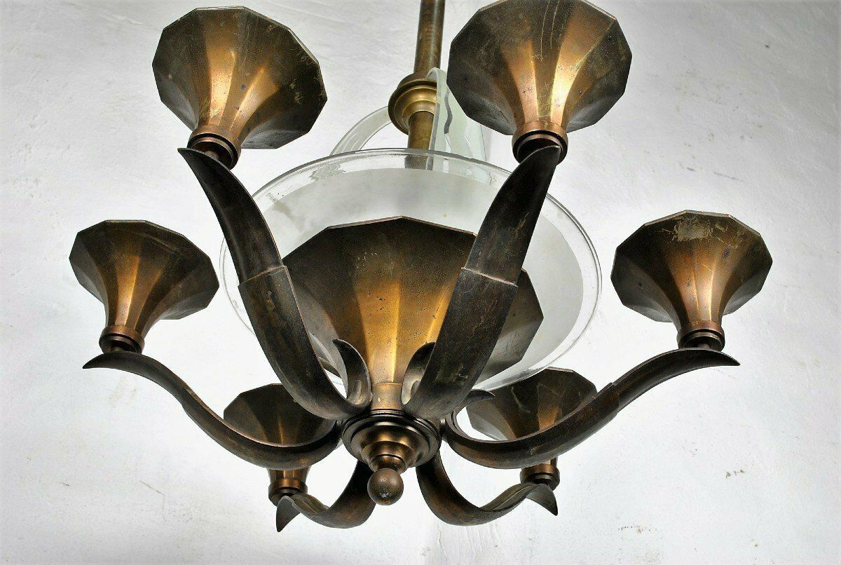 Lighting Bronze And Glass Chandelier, Art Deco, 20th Century photo