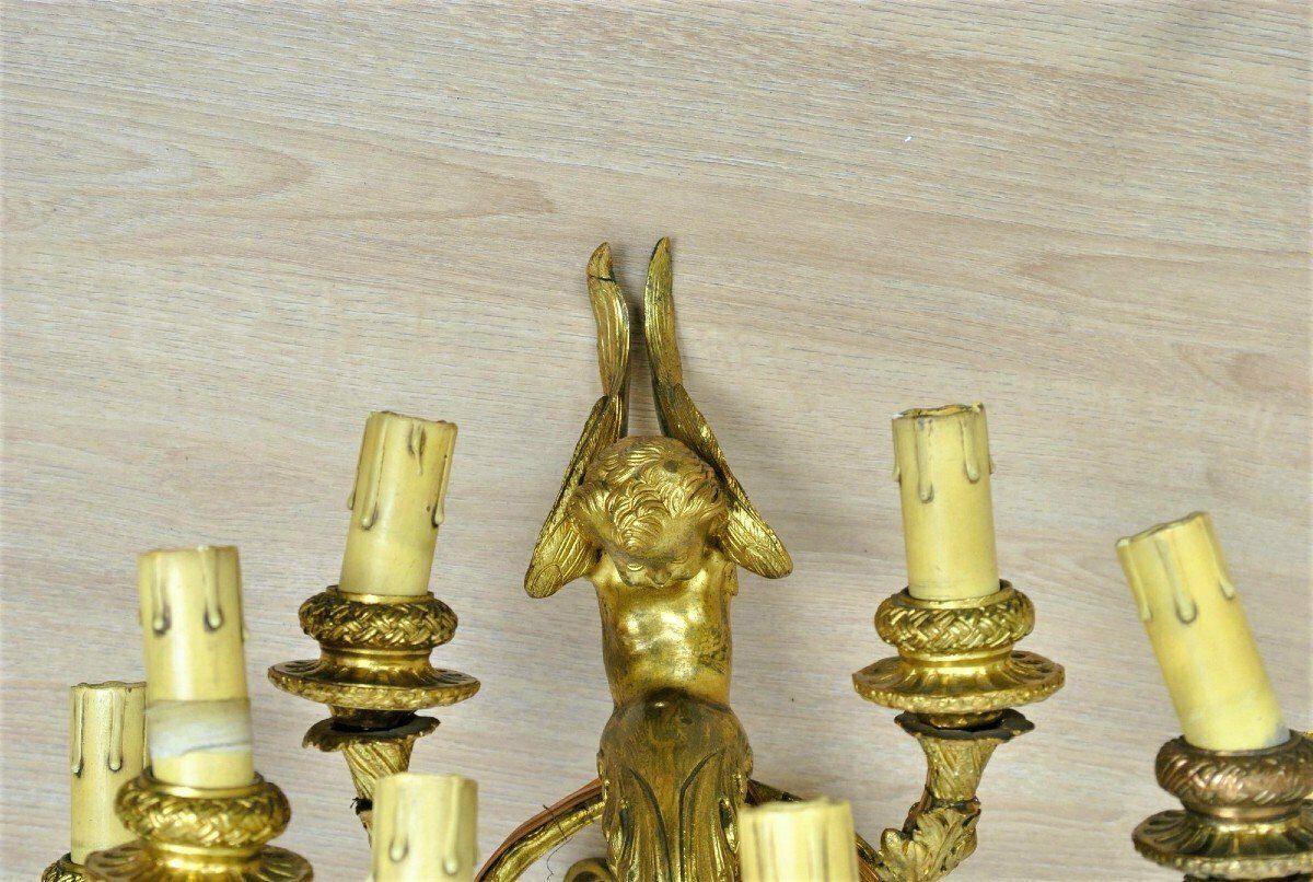 Pair Of Gilt Bronze Wall Lights With Winged Putti, Napoleon III, 19th Century photo vintage