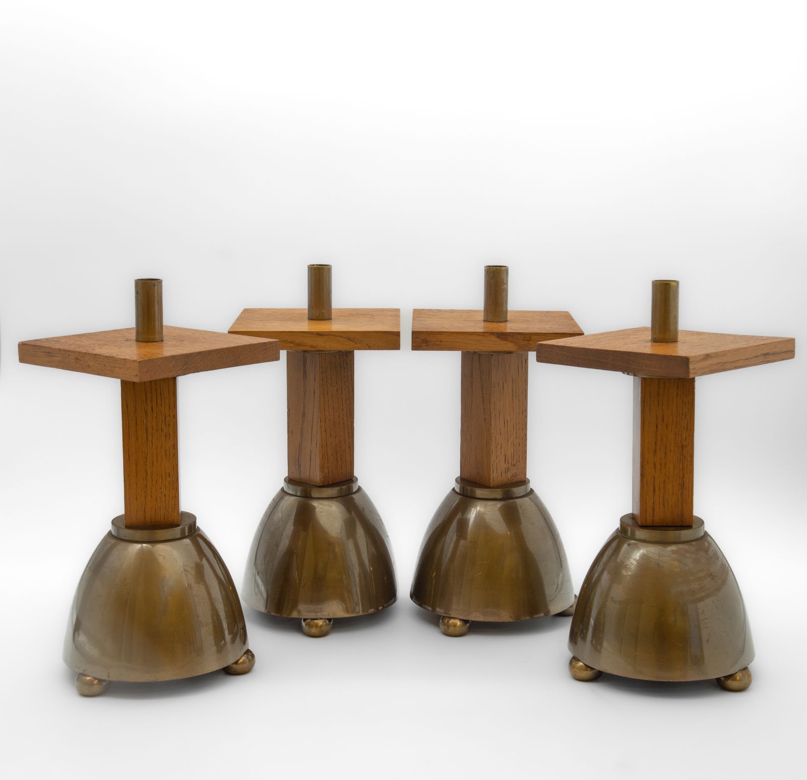 Set Of Four 1970’s Brutalist Oak & Brass Candle Stick Stands photo Home Decor