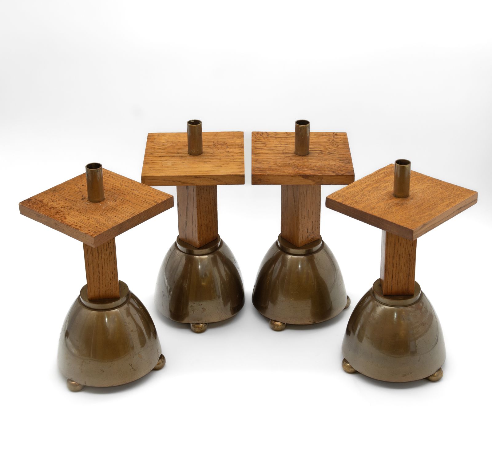 Set Of Four 1970’s Brutalist Oak & Brass Candle Stick Stands photo vinterior