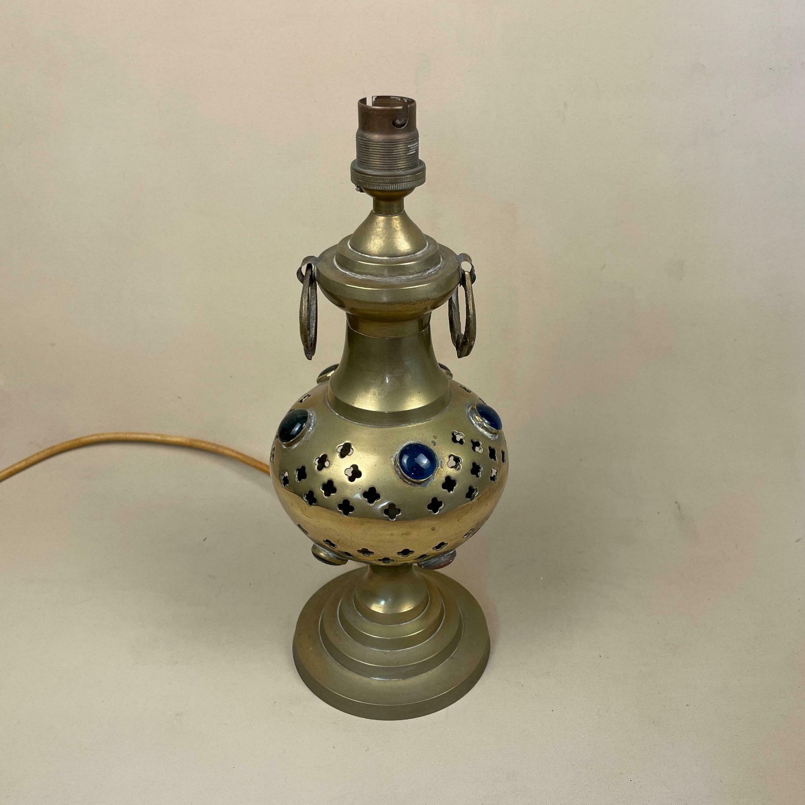 Aged Gold Brass Indian Lamp Embedded Jewels Gemstones Asian Vintage Rustic Round Antique