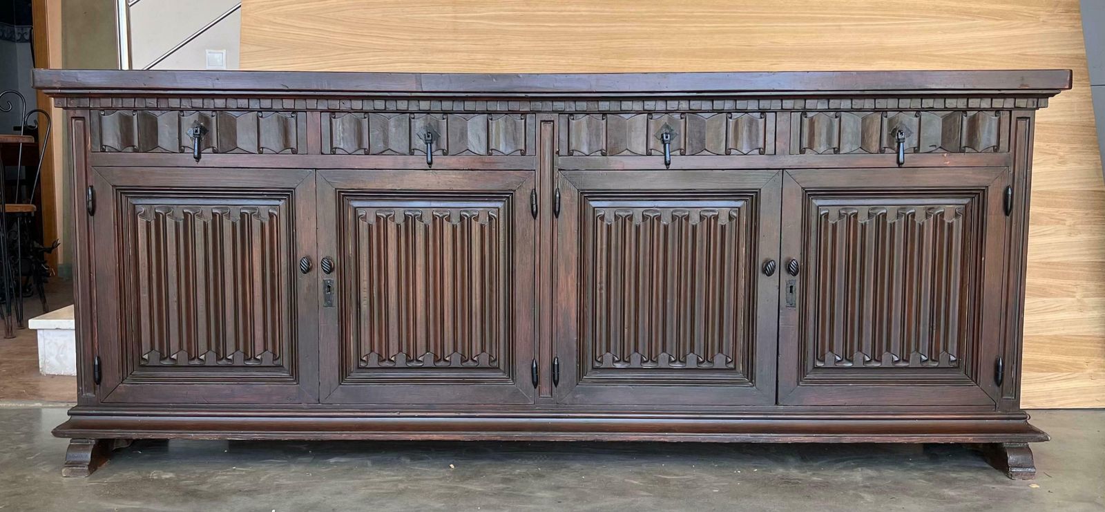 Large 20th Century Catalan Spanish Baroque Carved Walnut Tuscan Credenza Or Buff photo furniture