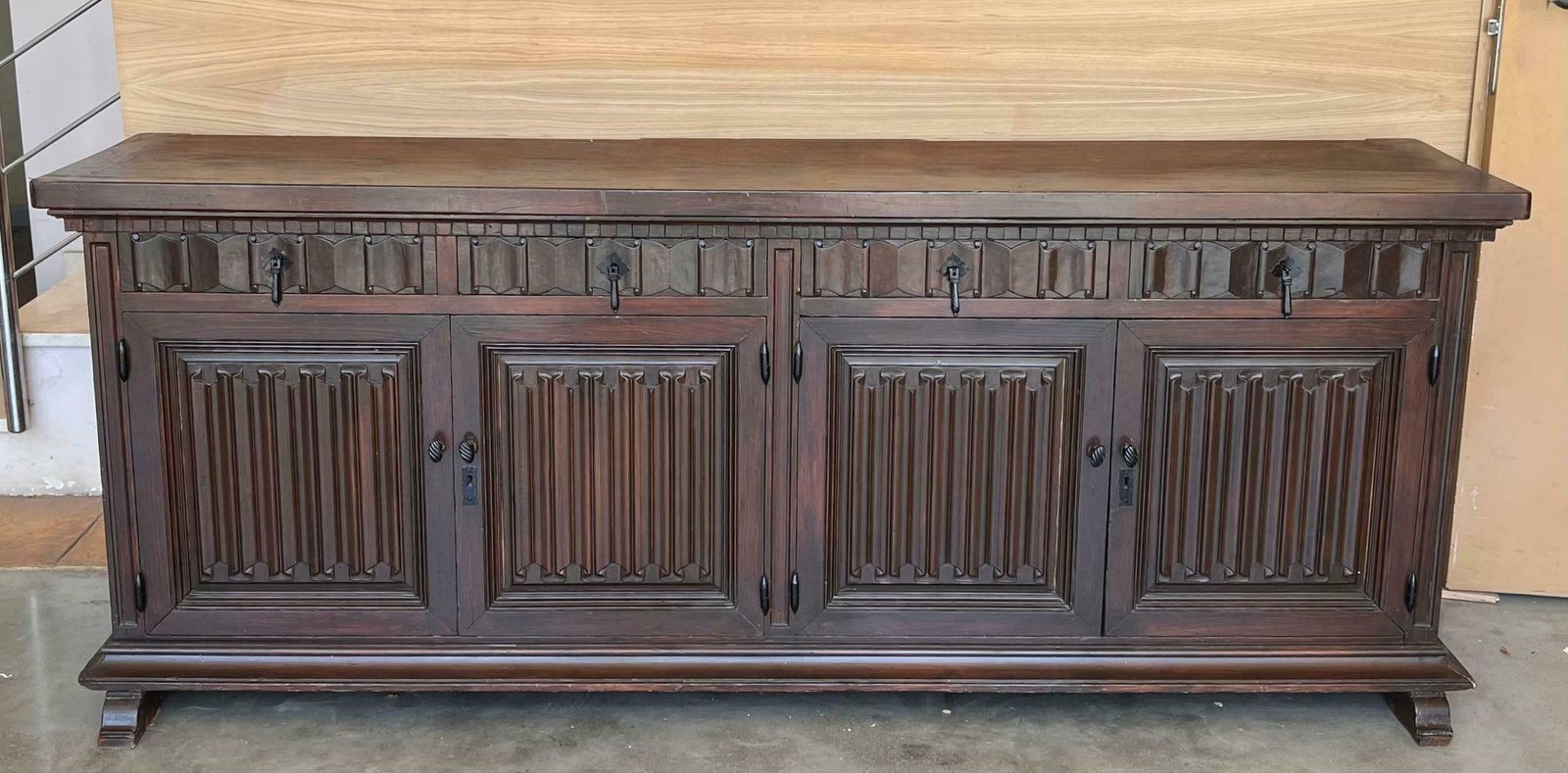 Large 20th Century Catalan Spanish Baroque Carved Walnut Tuscan Credenza Or Buff photo Furniture