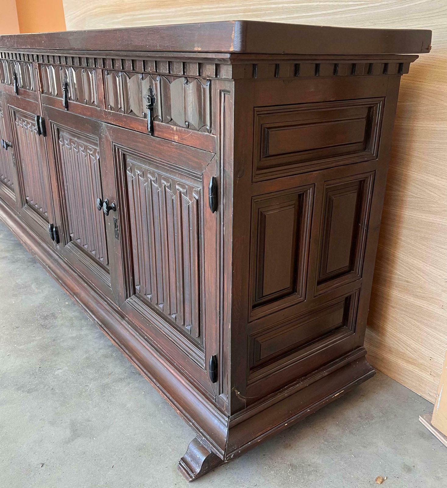 Large 20th Century Catalan Spanish Baroque Carved Walnut Tuscan Credenza Or Buff photo buy