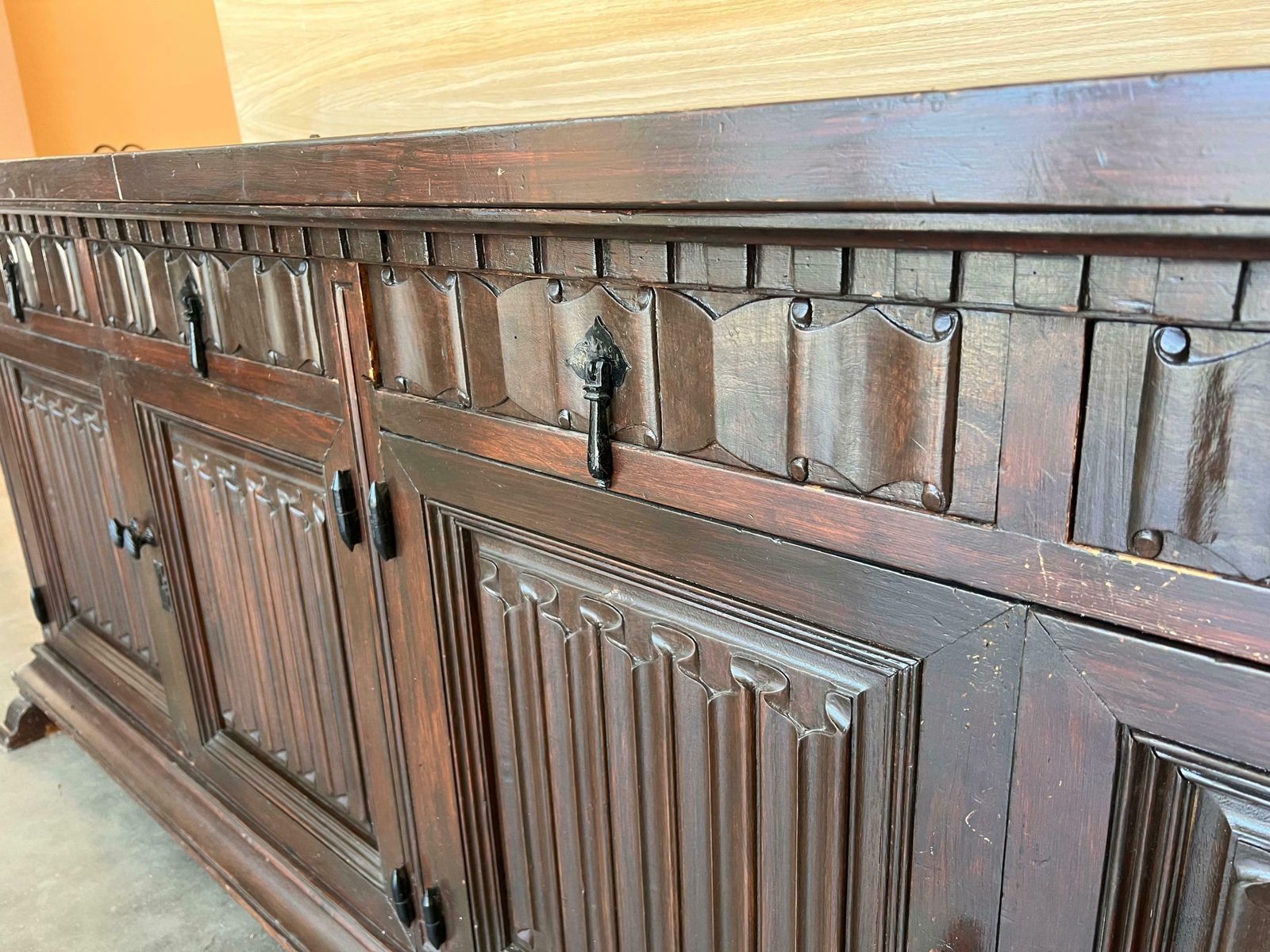 photo for sale Large 20th Century Catalan Spanish Baroque Carved Walnut Tuscan Credenza Or Buff