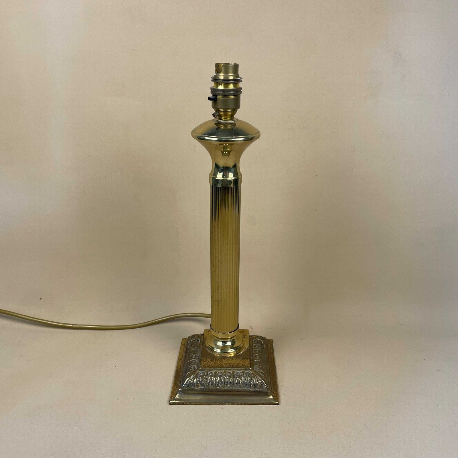 Vintage Metal Gold Brass Lamp Light Bedside Table Ornate Column Desk Antique Small Square Base Detail Medium photo furniture