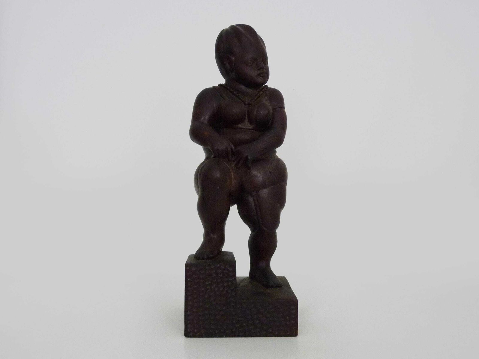 Grotesque Exotic Wood Sculpture Of A Woman Showing Her Thigh. 80s. Botero Style photo furniture