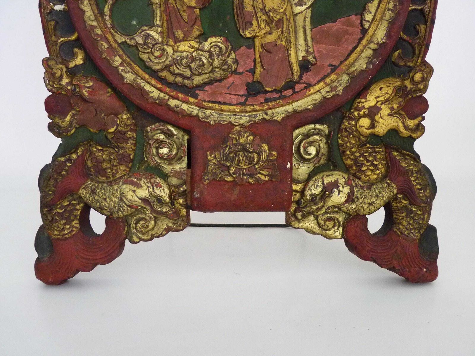 Chinese Psyche Mirror In Hand Carved Wood, Gilded And Lacquered In Red. Early To Mid 20th Century photo Home Decor