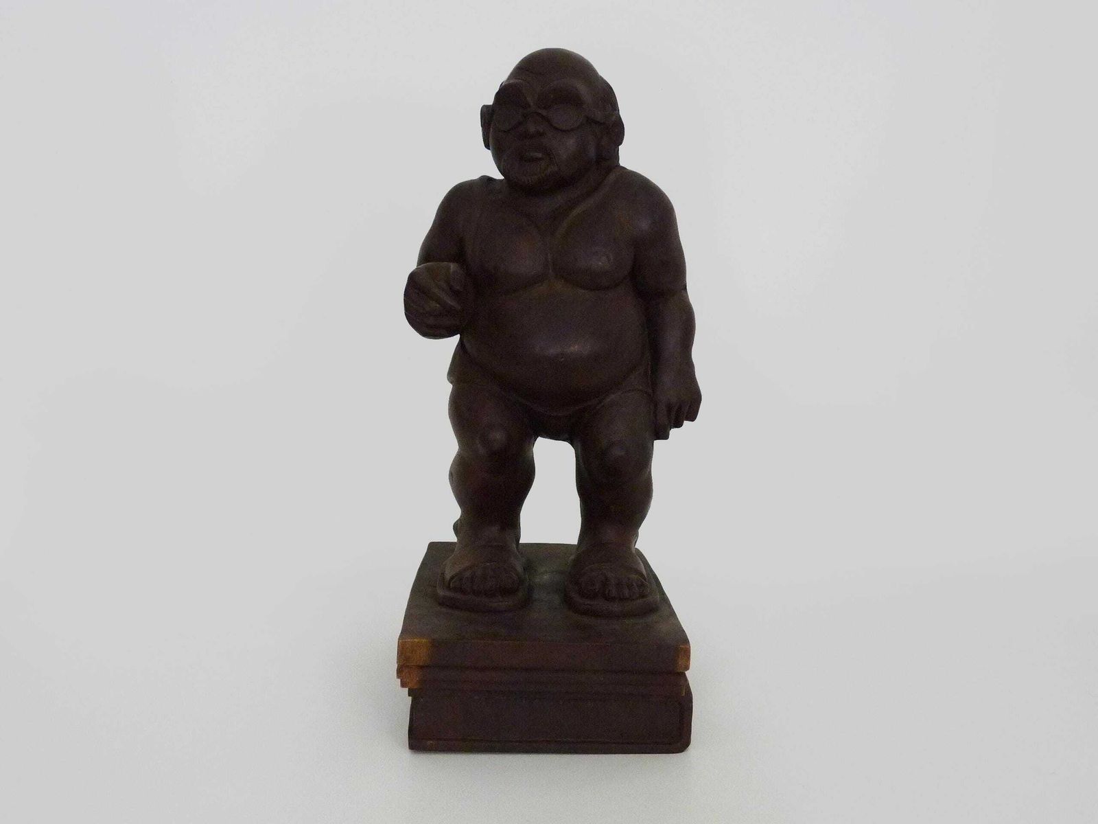 Grotesque Exotic Wood Sculpture Of A Man With Sunglasses And Flip Flops. 80s. Botero Style photo furniture