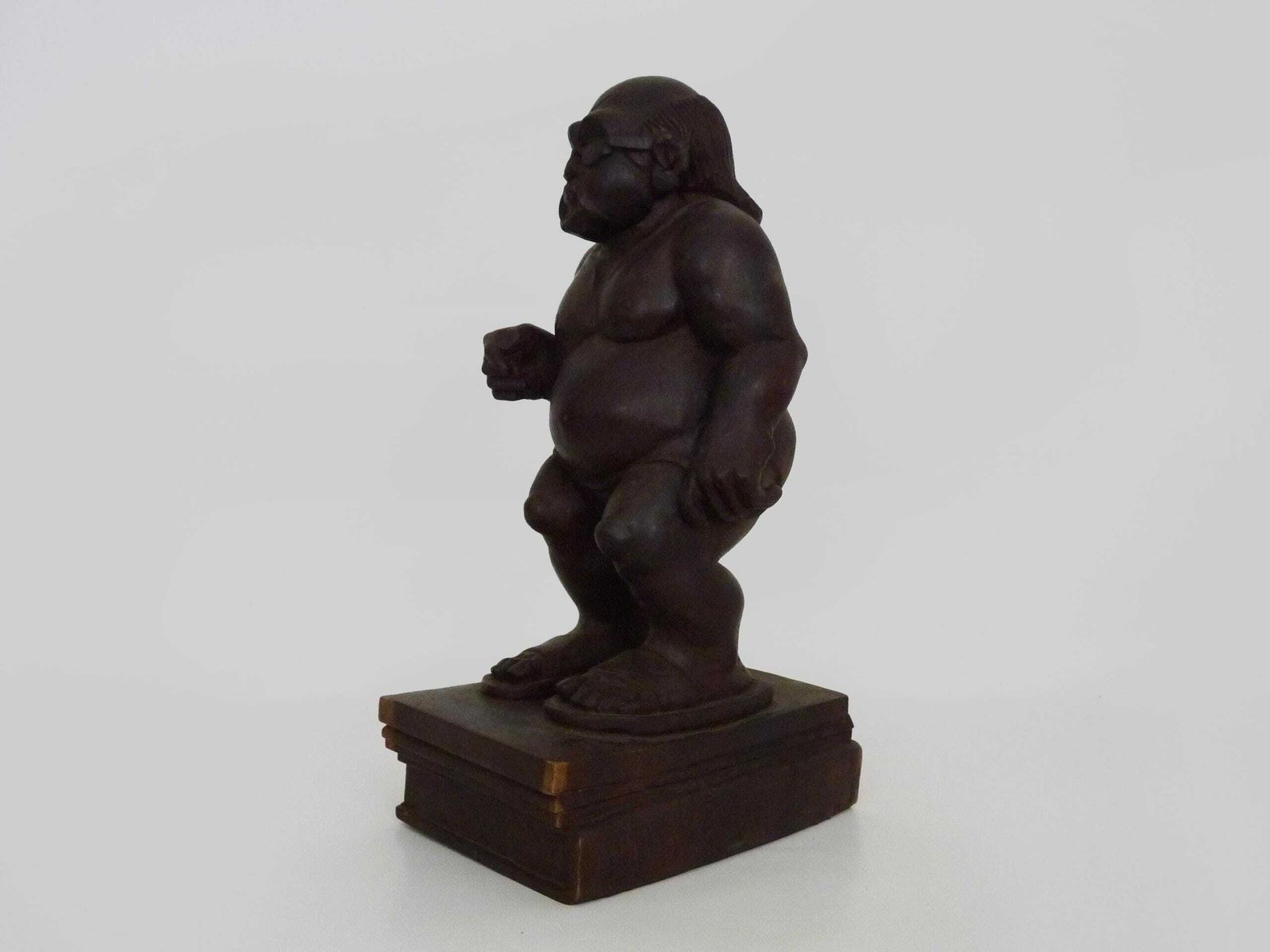 Grotesque Exotic Wood Sculpture Of A Man With Sunglasses And Flip Flops. 80s. Botero Style photo Art