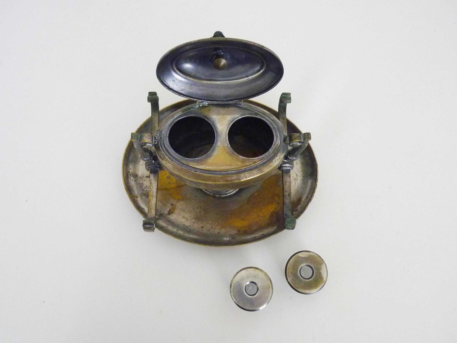 Inkwell On Rotating Tray 19th Century In Silver Metal photo vinterior