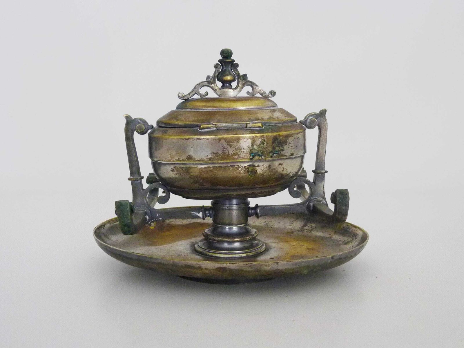 Inkwell On Rotating Tray 19th Century In Silver Metal photo vintage