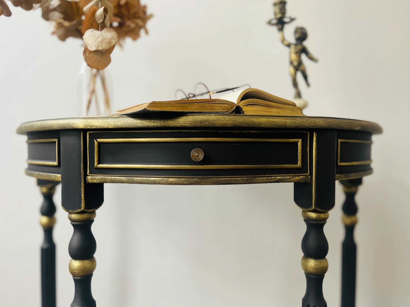 Vintage Half Moon Graphite Black Table Pained Annie Sloan Chalk Paint, Waxed And Finished With Gold Details. photo furniture