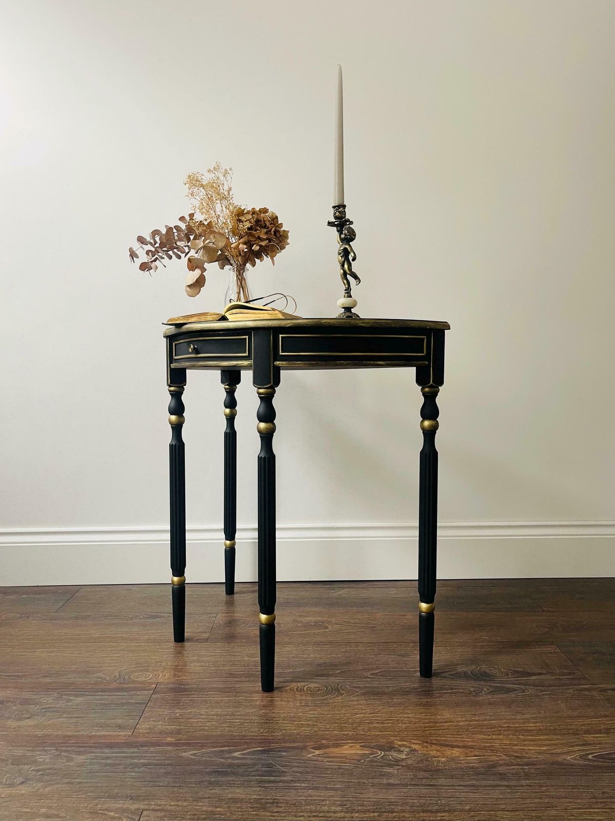 Vintage Half Moon Graphite Black Table Pained Annie Sloan Chalk Paint, Waxed And Finished With Gold Details. photo vintage