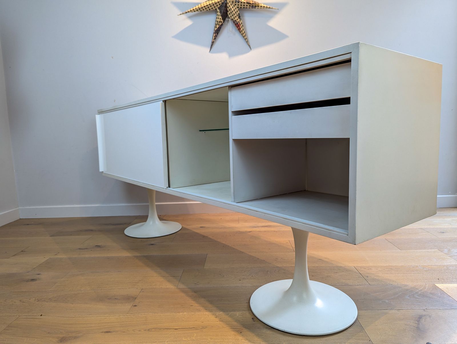A Mid Centutry Space Age Sideboard With White Sliding Doors   Arkana Era photo for sale