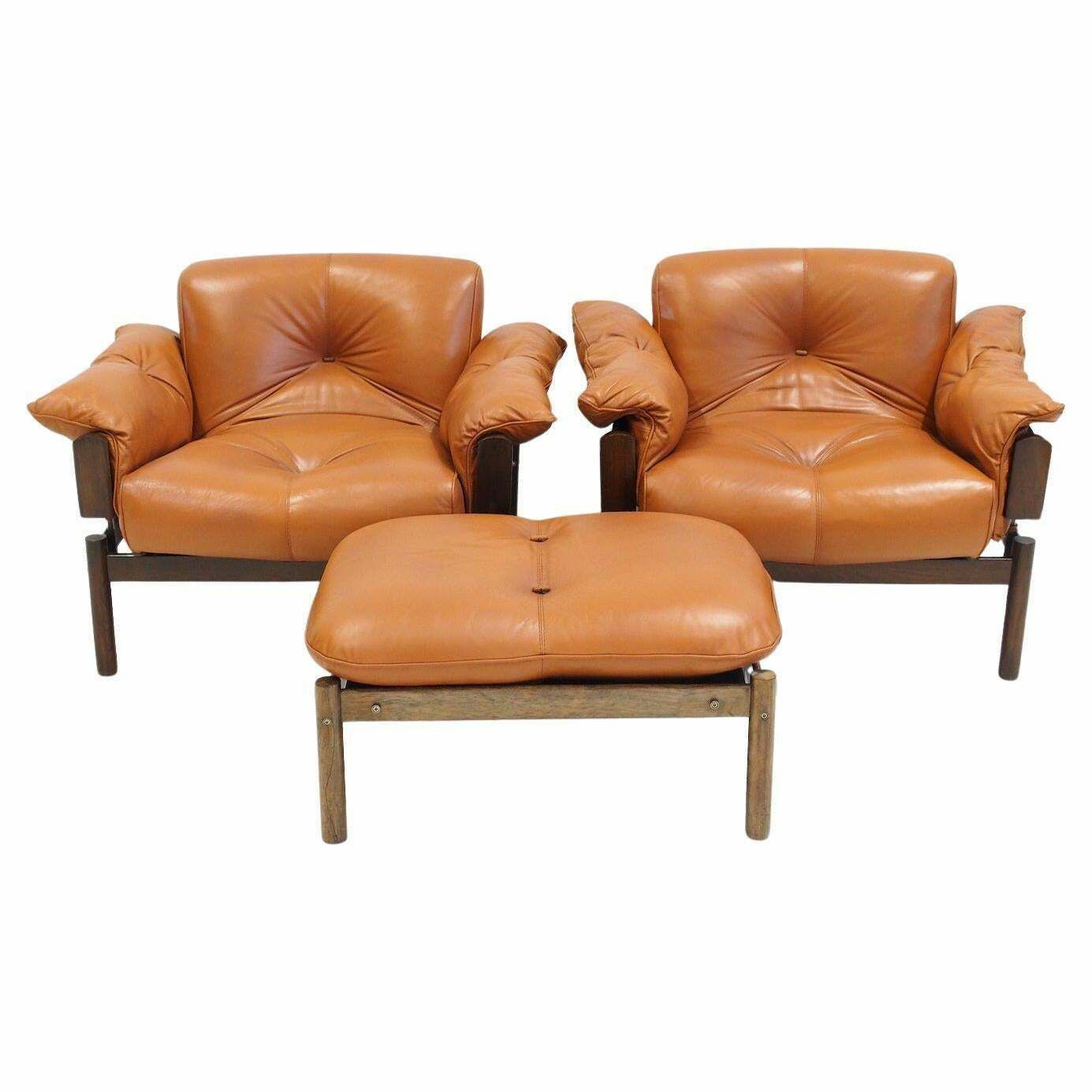 Set Of Percival Lafer Cognac Leather Mp 13 Armchairs And A Footstool