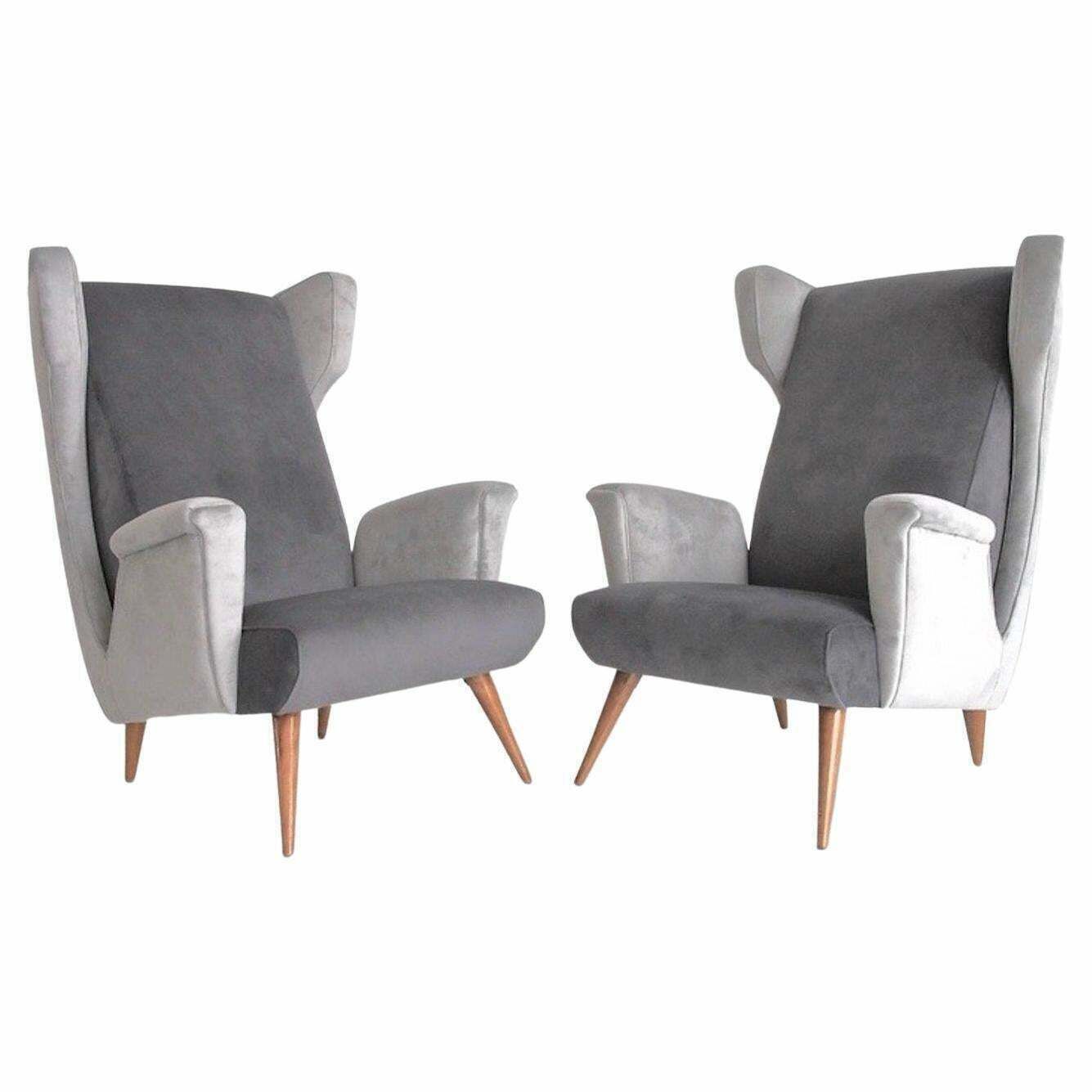 Pair Of Grey Velvet Armchairs In The Style Of Paolo Buffa