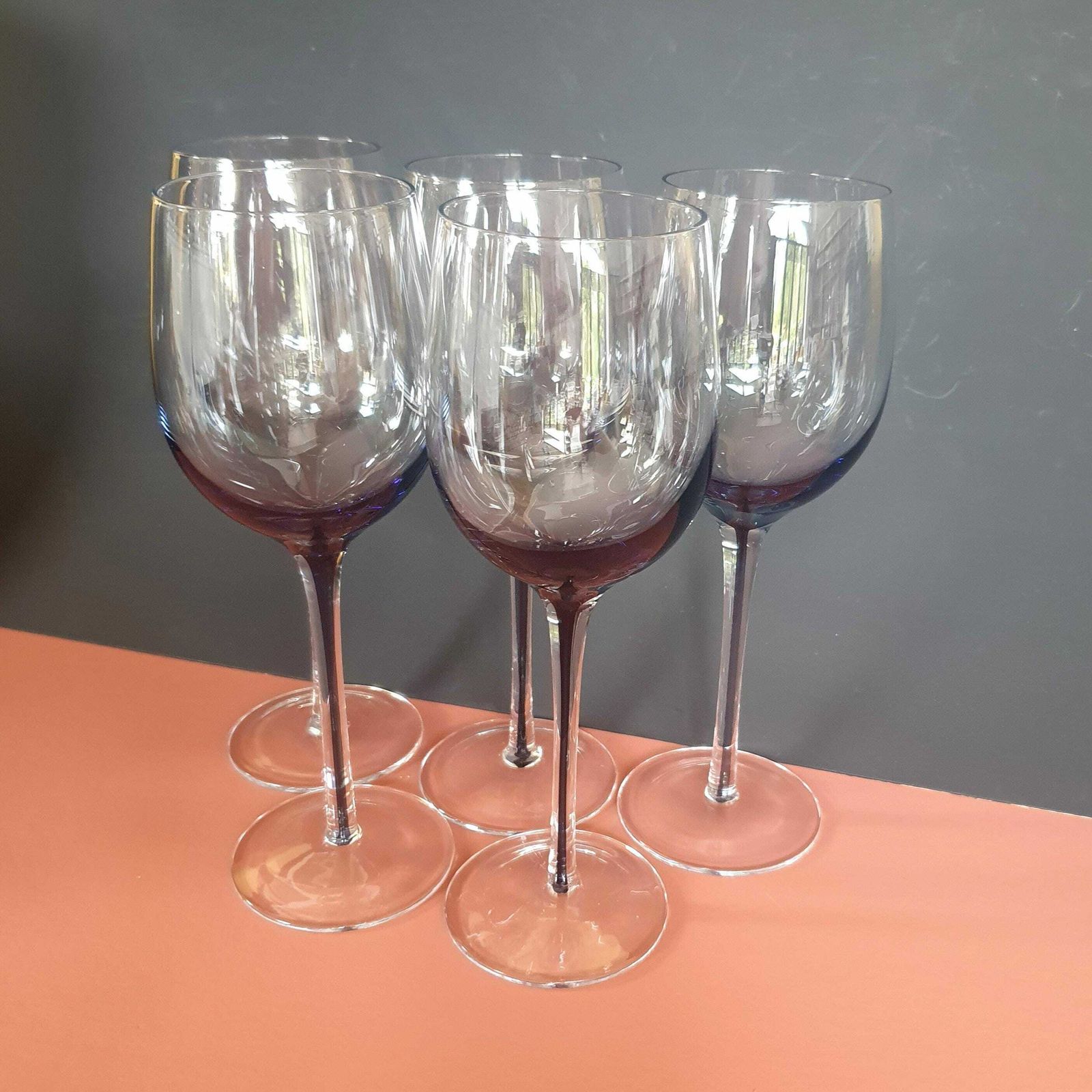 A Set Of 5 Vintage Large 250ml Smoked Blue Grey Wine Glasses By Broste, Copenhagen, Early 2000s photo vinterior