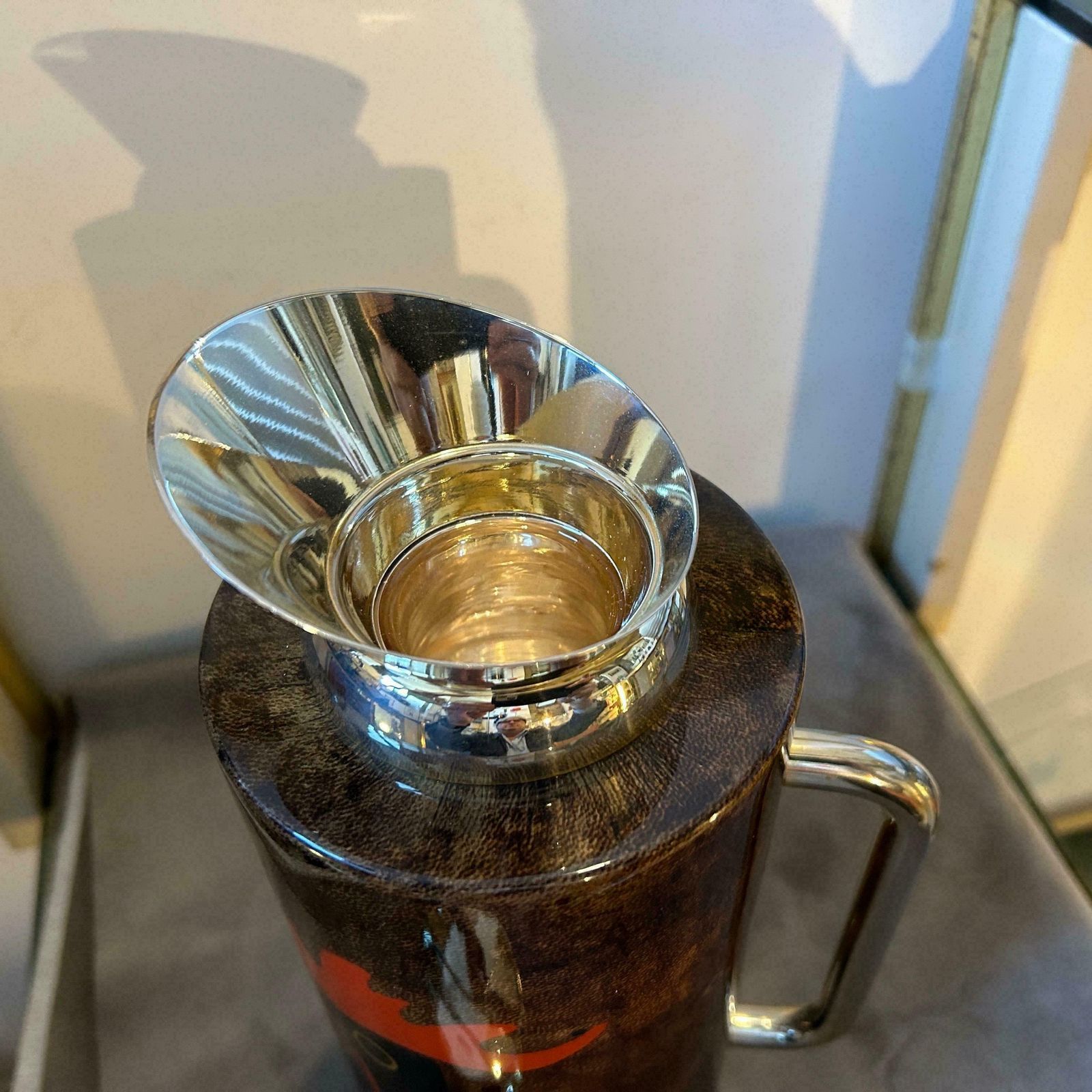 665.0 1950s Mid Century Modern Brass And Brown Goatskin Thermos Carafe By Aldo Tura photo