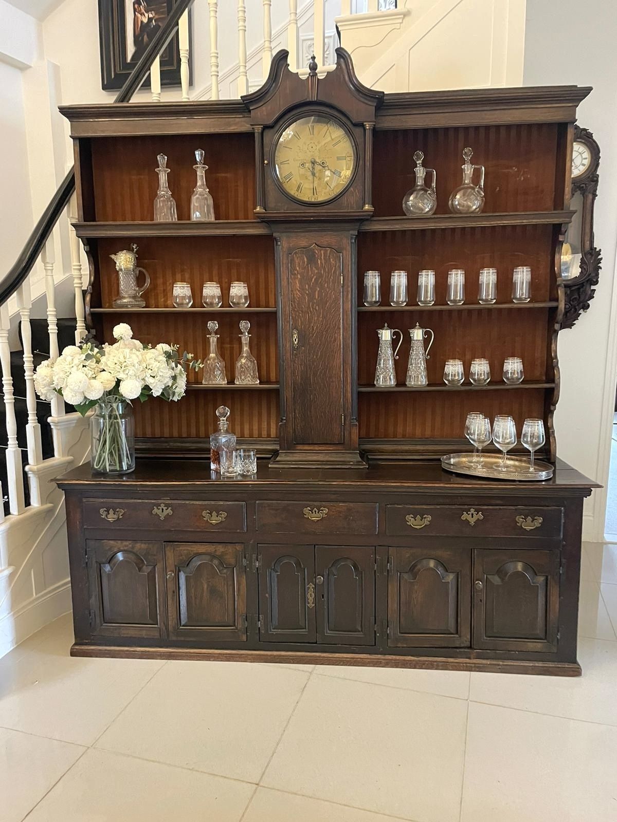 Rare 18th Century Large Antique Quality Oak Dresser With Rack And Longcase Clock photo furniture