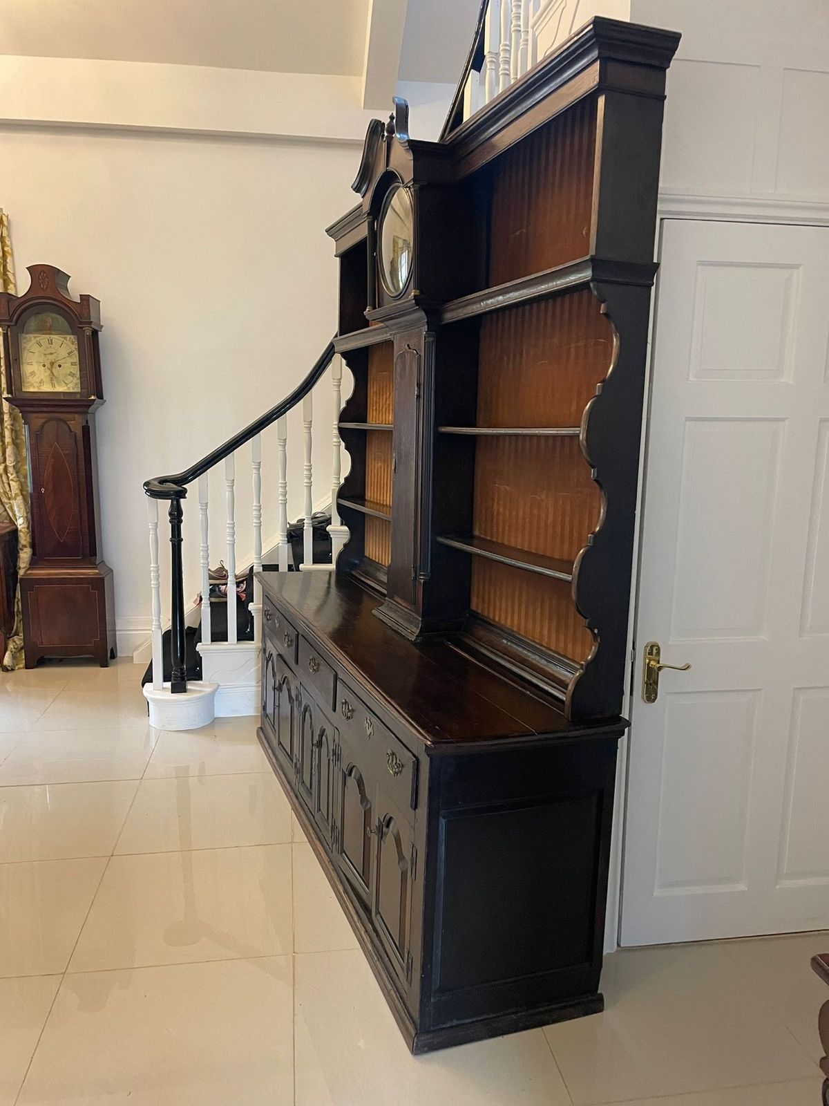 Rare 18th Century Large Antique Quality Oak Dresser With Rack And Longcase Clock photo vintage