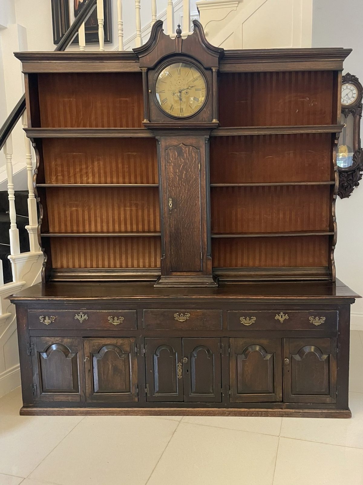 Rare 18th Century Large Antique Quality Oak Dresser With Rack And Longcase Clock