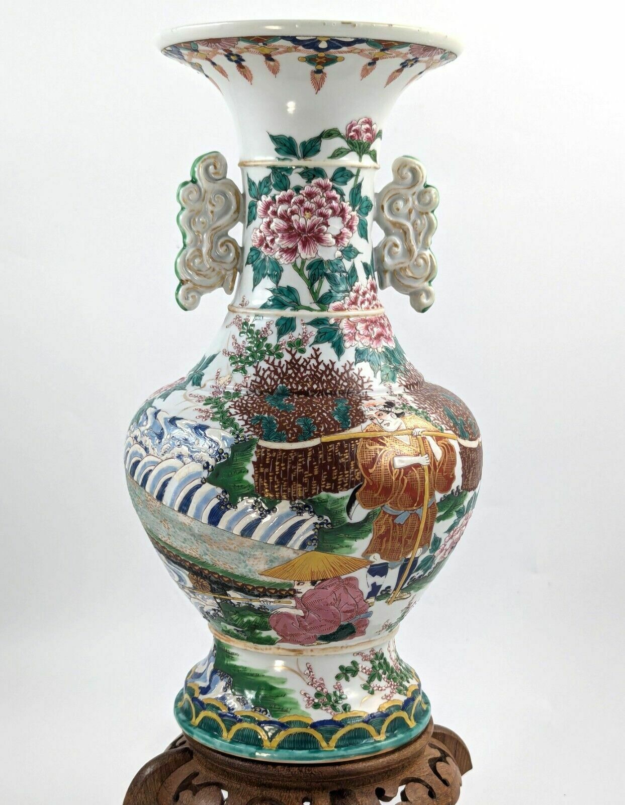 Antique Porcelain Kyoto Satsuma Vase With Handles, Japan, C. 19th photo vintage
