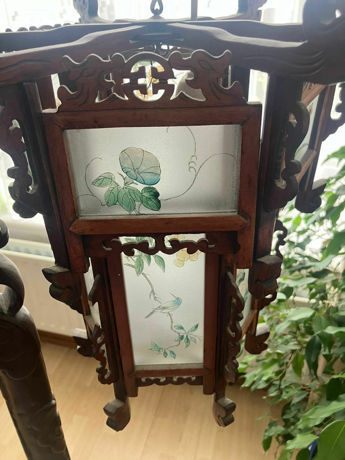 Chinese Lantern Chandelier In Wood And Decorated Glass, 1930s photo Lighting