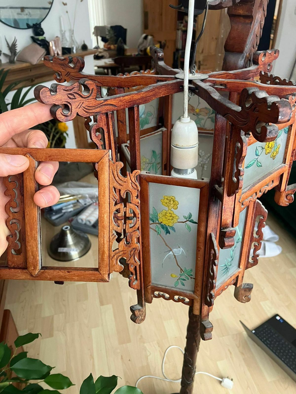 Chinese Lantern Chandelier In Wood And Decorated Glass, 1930s photo vinterior