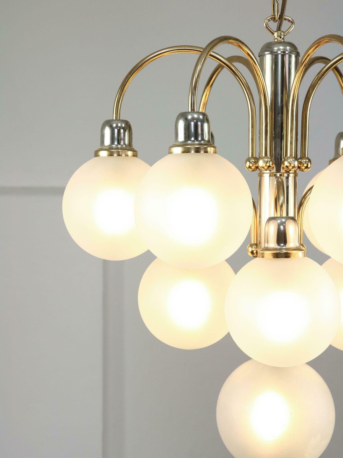 Vintage Golden Ball Chandelier By Orion / Austria 1970s / Mid Century Modern Sputnik Sytle Brass And Glass / Home Pendant Lighting / Grape photo for sale