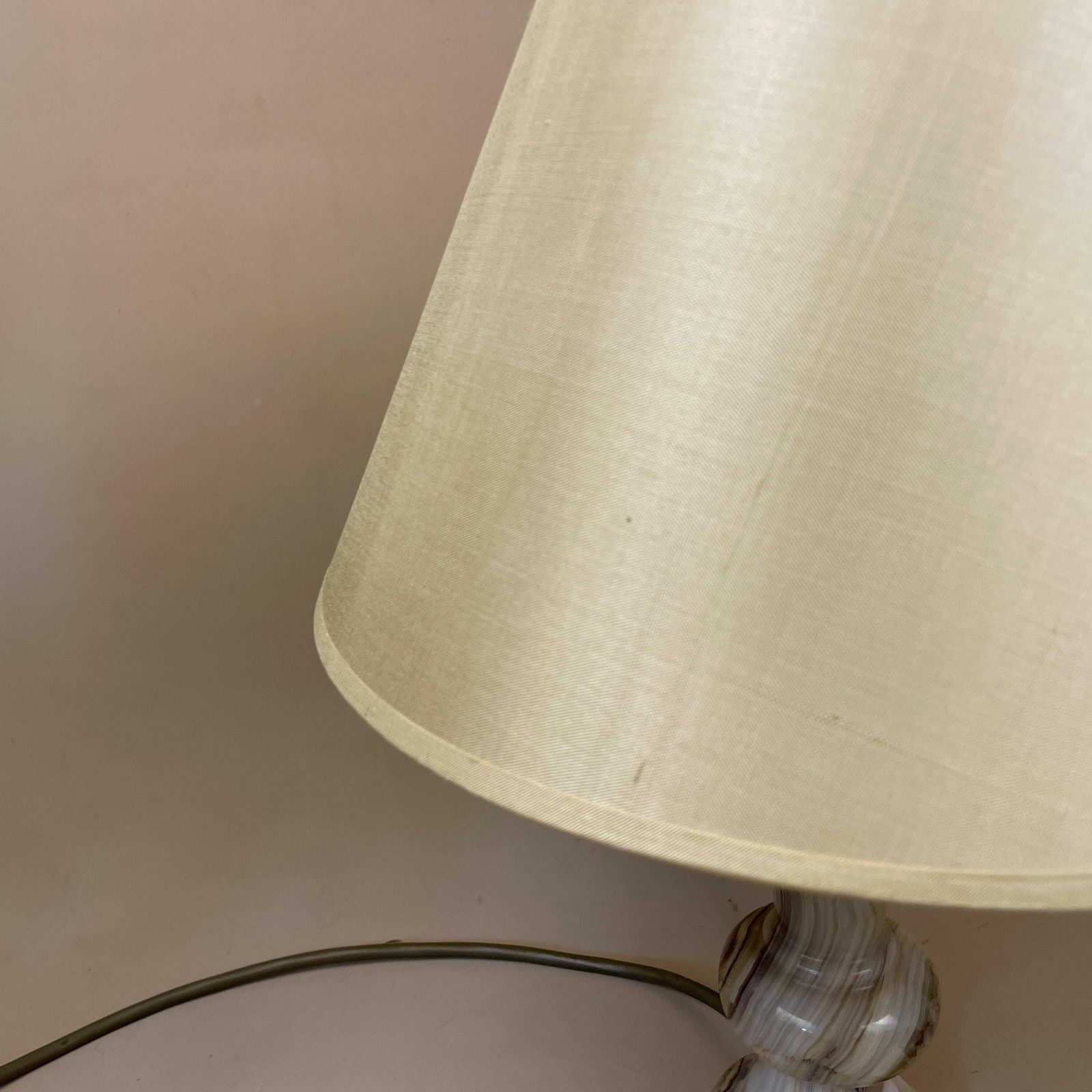 photo for sale Marble Lamp Light Bedside Side Table Desk Round Base Marbled Patterned Detail Vintage Pattern White Stone Pillar Lampshade Antique