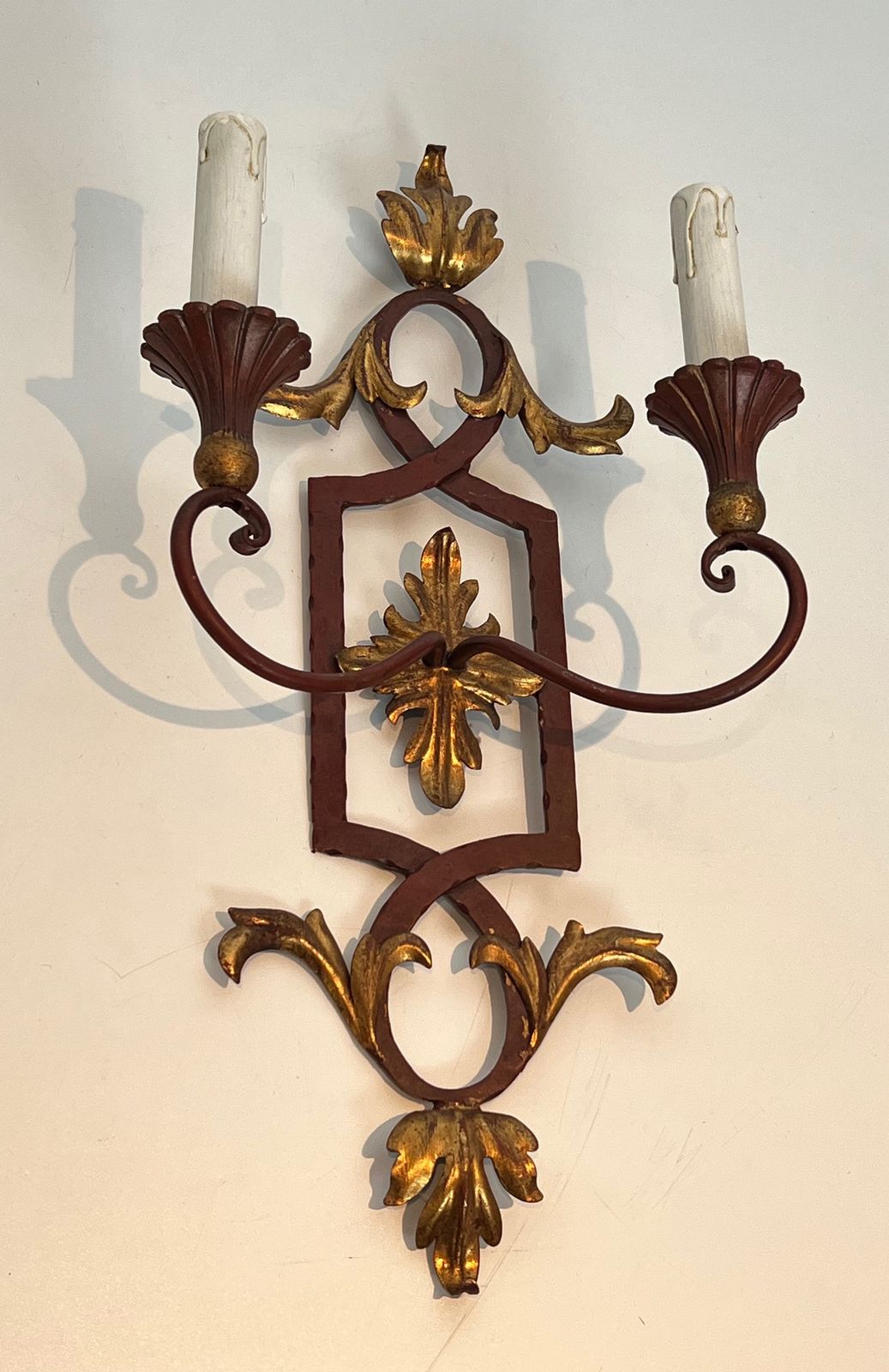 Pair Of Wrought Iron And Patinated Wood Wall Lights With Golden Acanthus Leaves photo Lighting