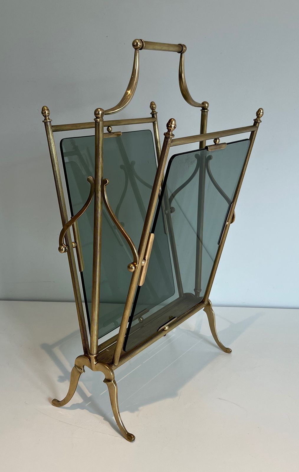 Brass And Blue Glass Magazine Rack From Maison Jansen photo for sale
