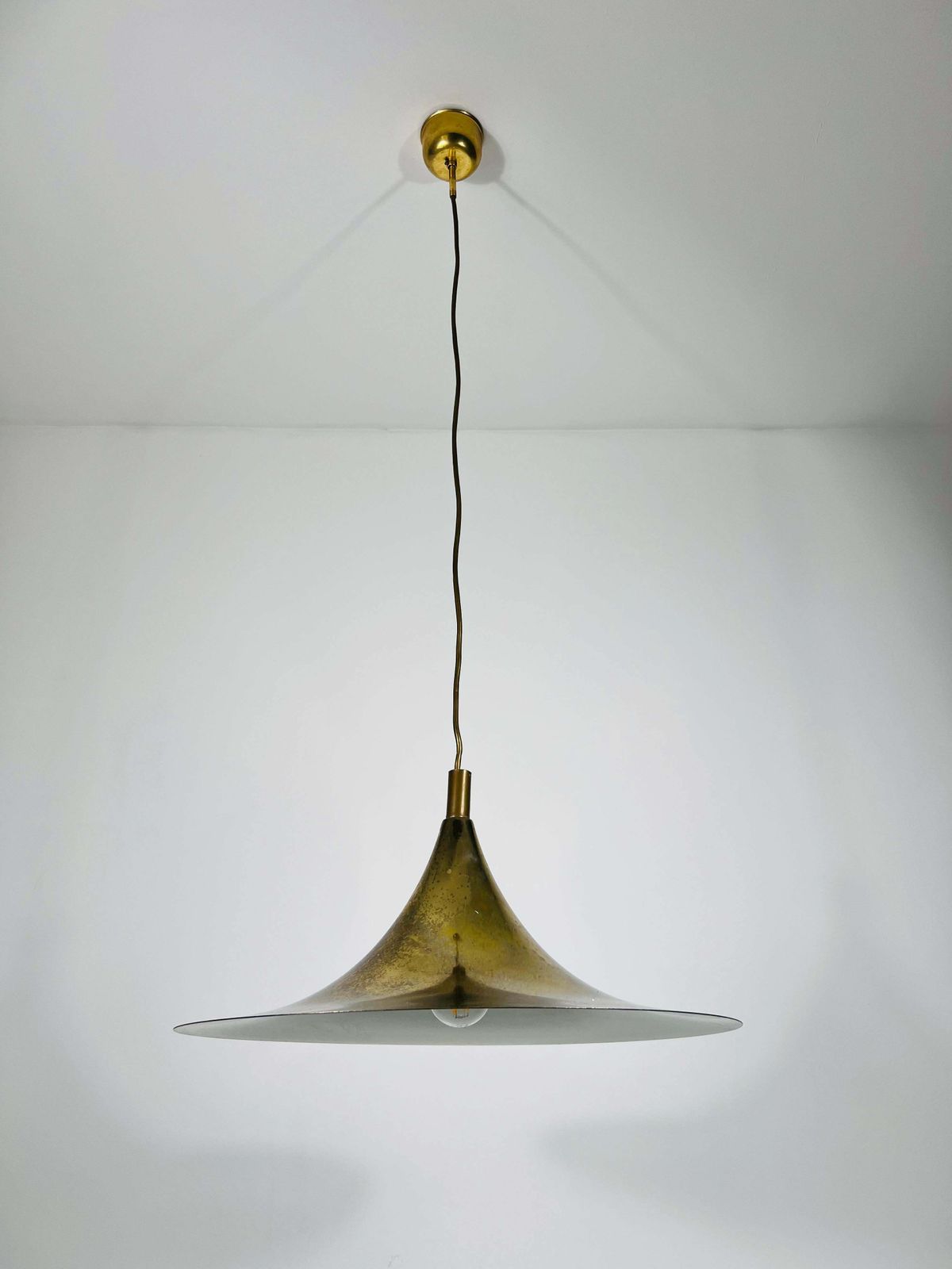 Brass Round Pendant Lamp By Fog & Mørup, 1970s photo for sale