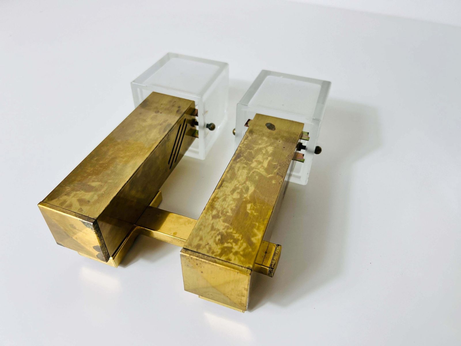 Lighting Pair Of Mid Century Brass And Ice Glass Wall Lamps, Italy, 1960s photo