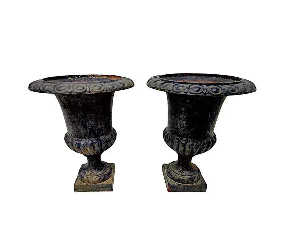 A Fabulous Pair Of 19th Century Large Heavy Cast Iron Garden Urns photo Garden Decor