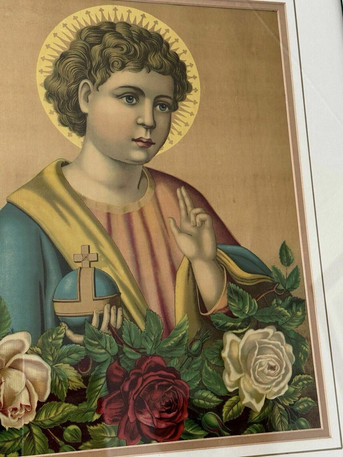 Antique German Chromolithograph The Savior Of The World 1860 Framed photo vintage