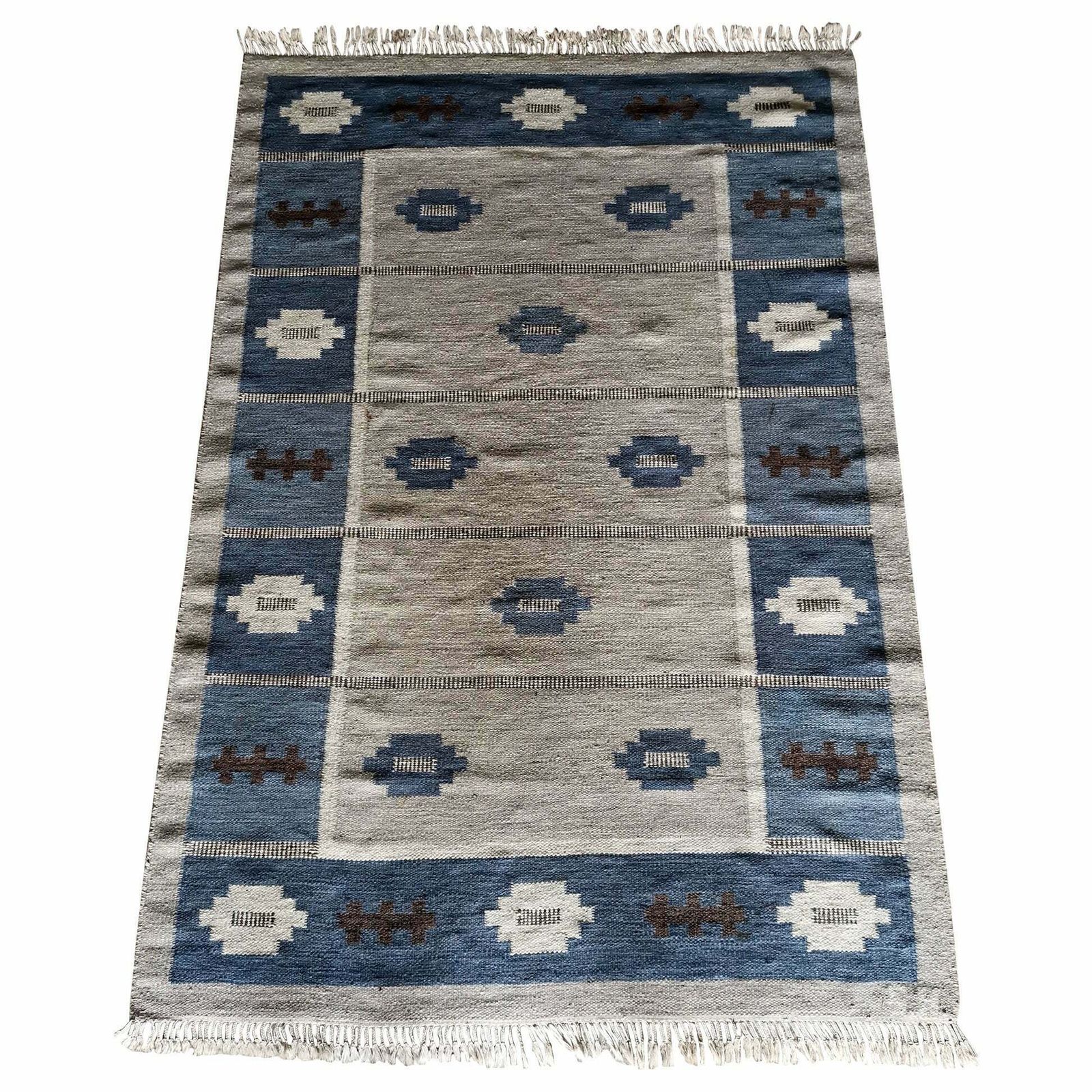 Large Swedish Flatweave Rölakan Carpet Svensk Hemslöjd, Signed Sh, Sweden 1950s