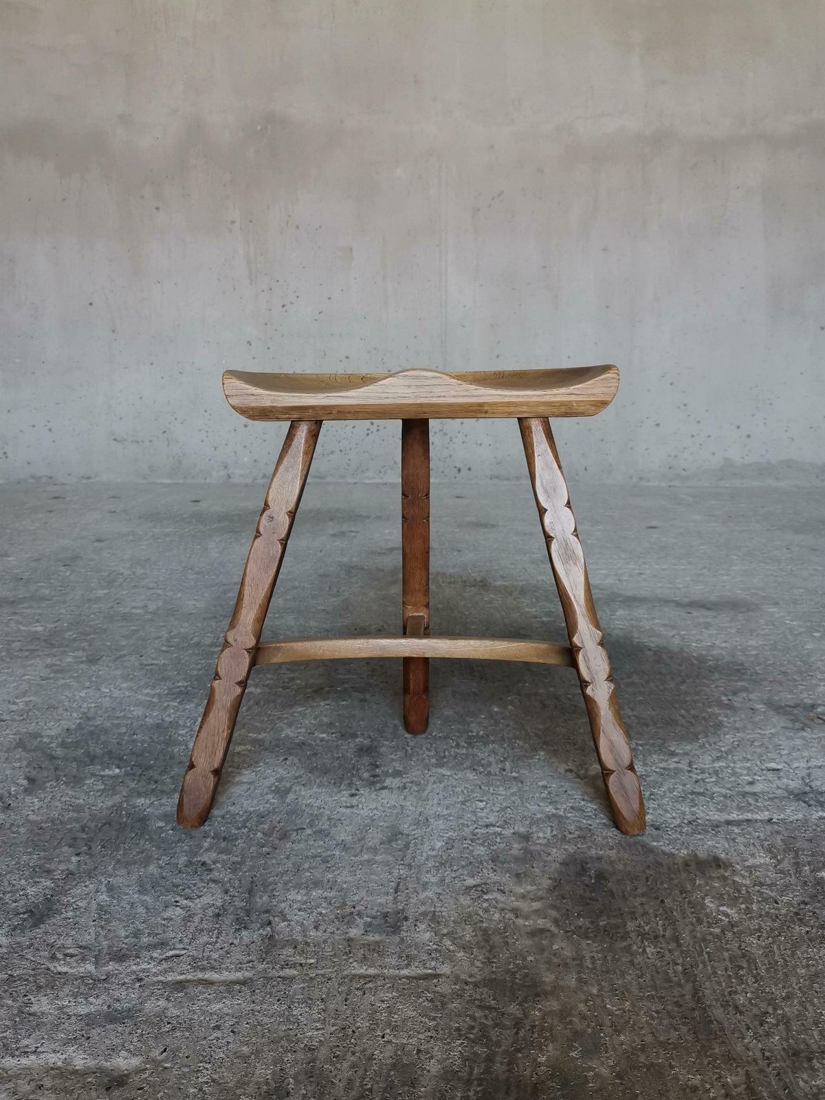 Solid Oak Stool In Style Of Henning Kjærnulf, Hand Sculpted Seat, Denmark 1960s photo furniture