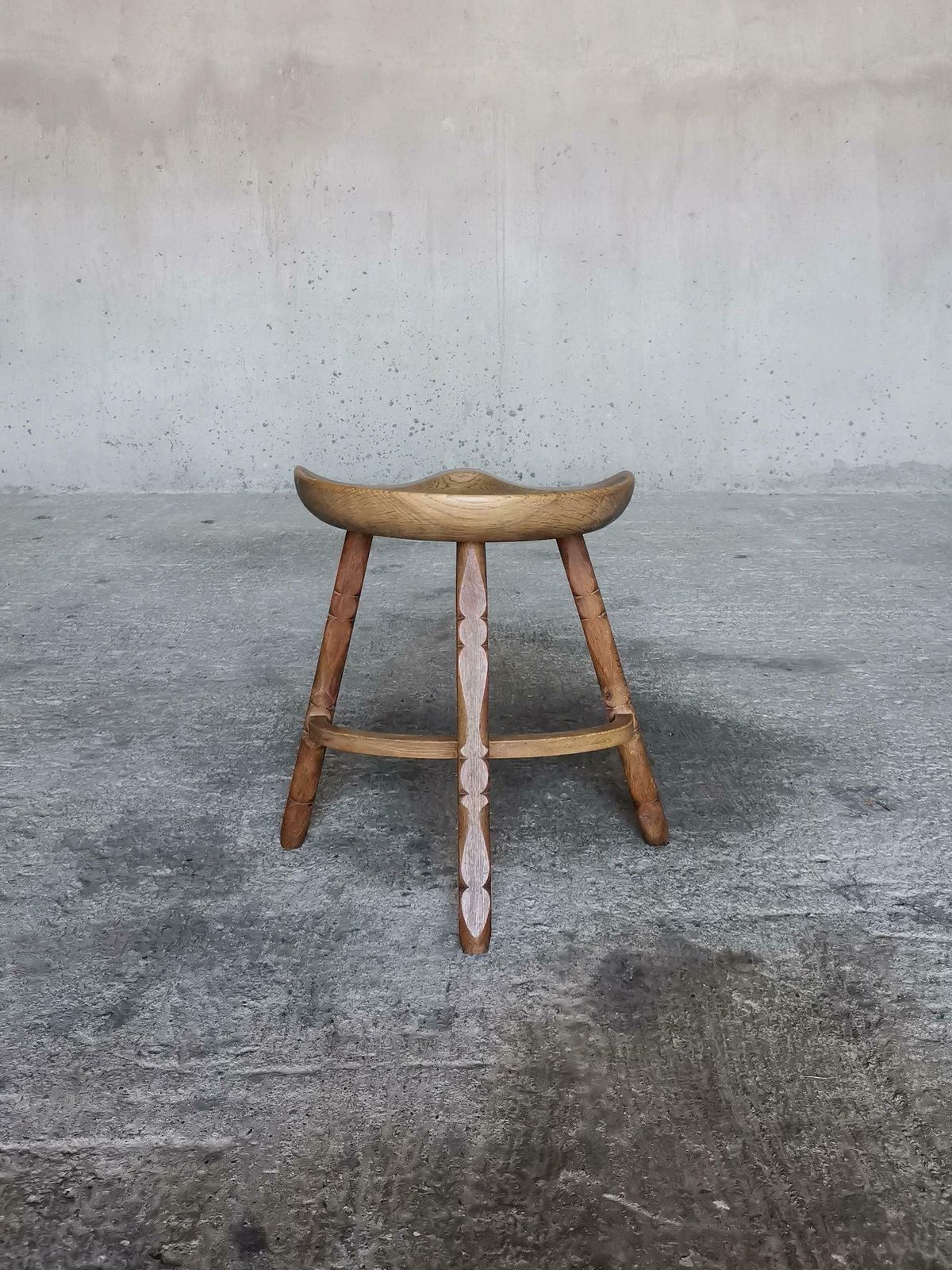 Solid Oak Stool In Style Of Henning Kjærnulf, Hand Sculpted Seat, Denmark 1960s photo 1470.0