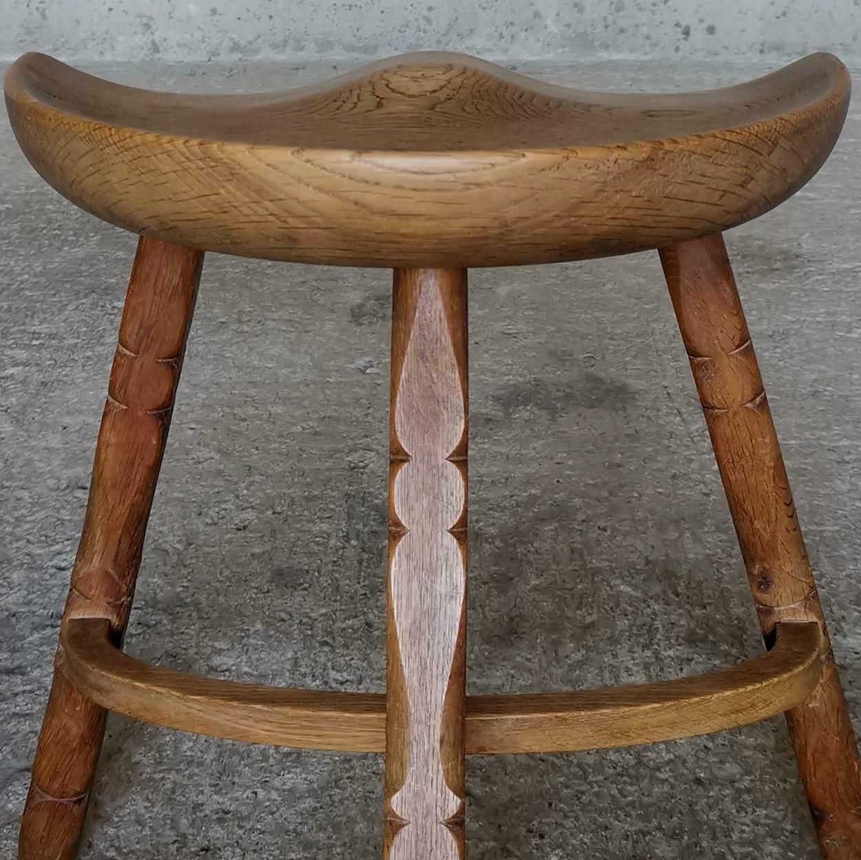 Solid Oak Stool In Style Of Henning Kjærnulf, Hand Sculpted Seat, Denmark 1960s photo vinterior