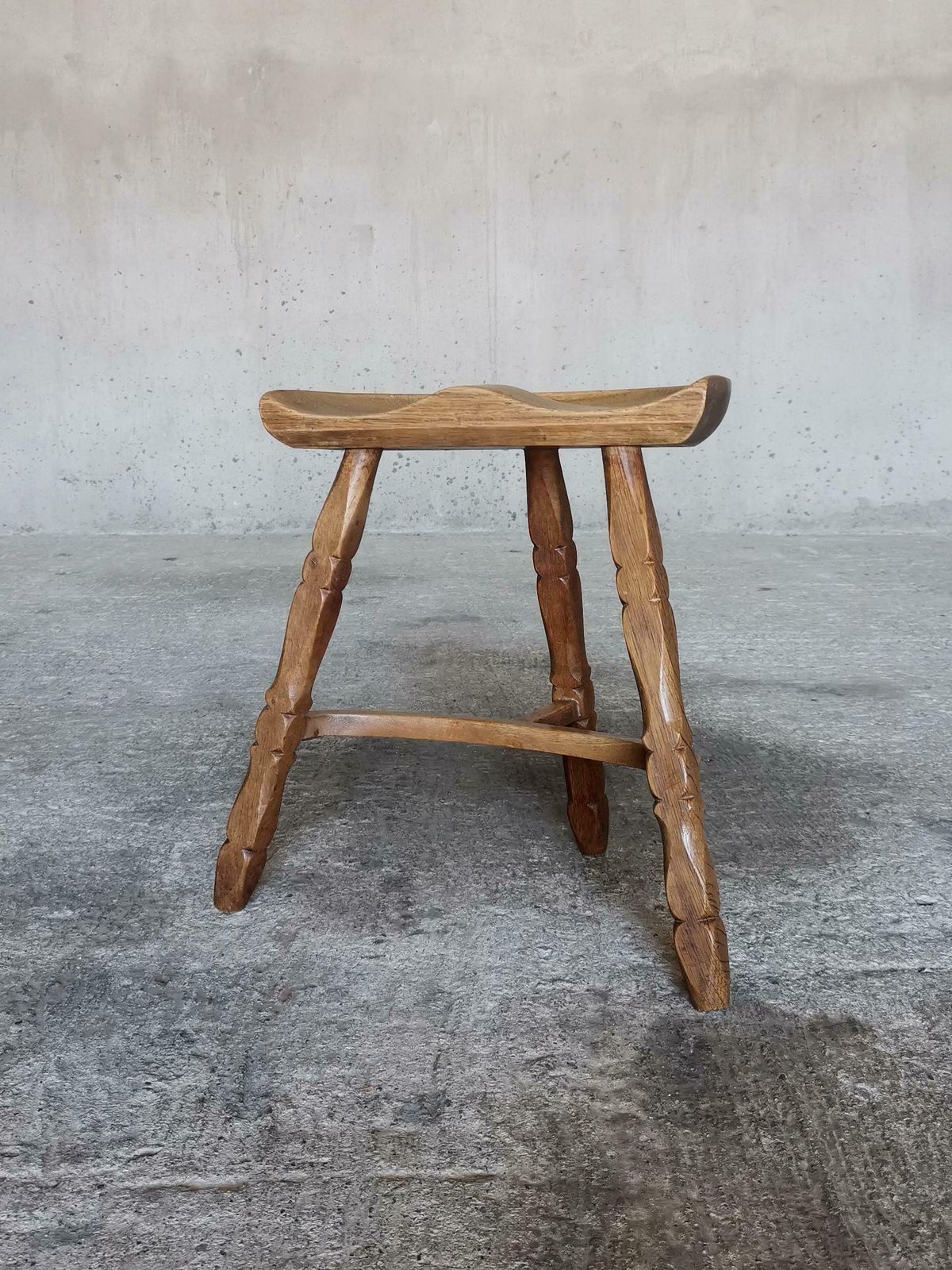 Solid Oak Stool In Style Of Henning Kjærnulf, Hand Sculpted Seat, Denmark 1960s photo buy