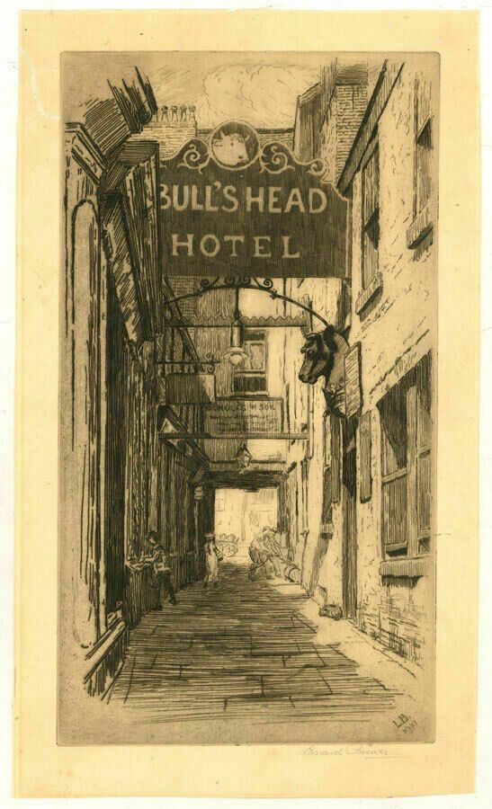 Leonard Brewer   Signed 1910 Etching, The Bull's Head Hotel photo furniture