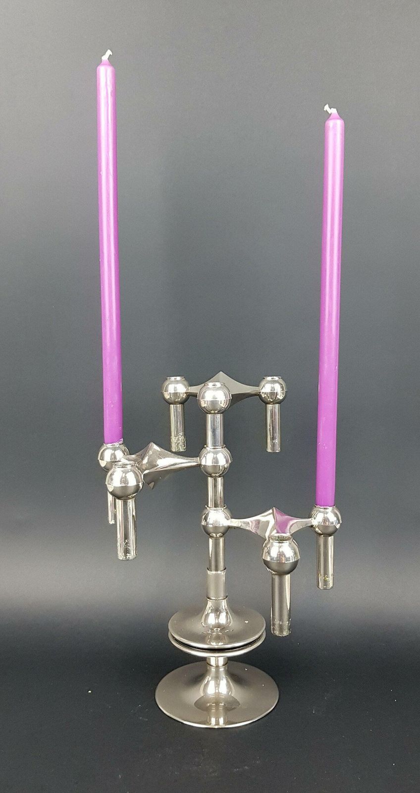 Set Of 3 Stackable Candle Holders Variante 22 + Pedestal Designed By Caesar Stoffi For Fritz Nagel Bayerische Metall Fabrik Bmf 1950 60s, photo for sale